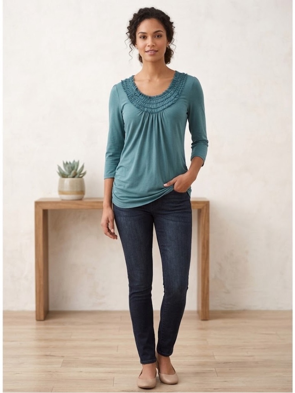 Maurices Teal Casual 3/4 Sleeve Business Casual Blouse Size Large Scoop Neck